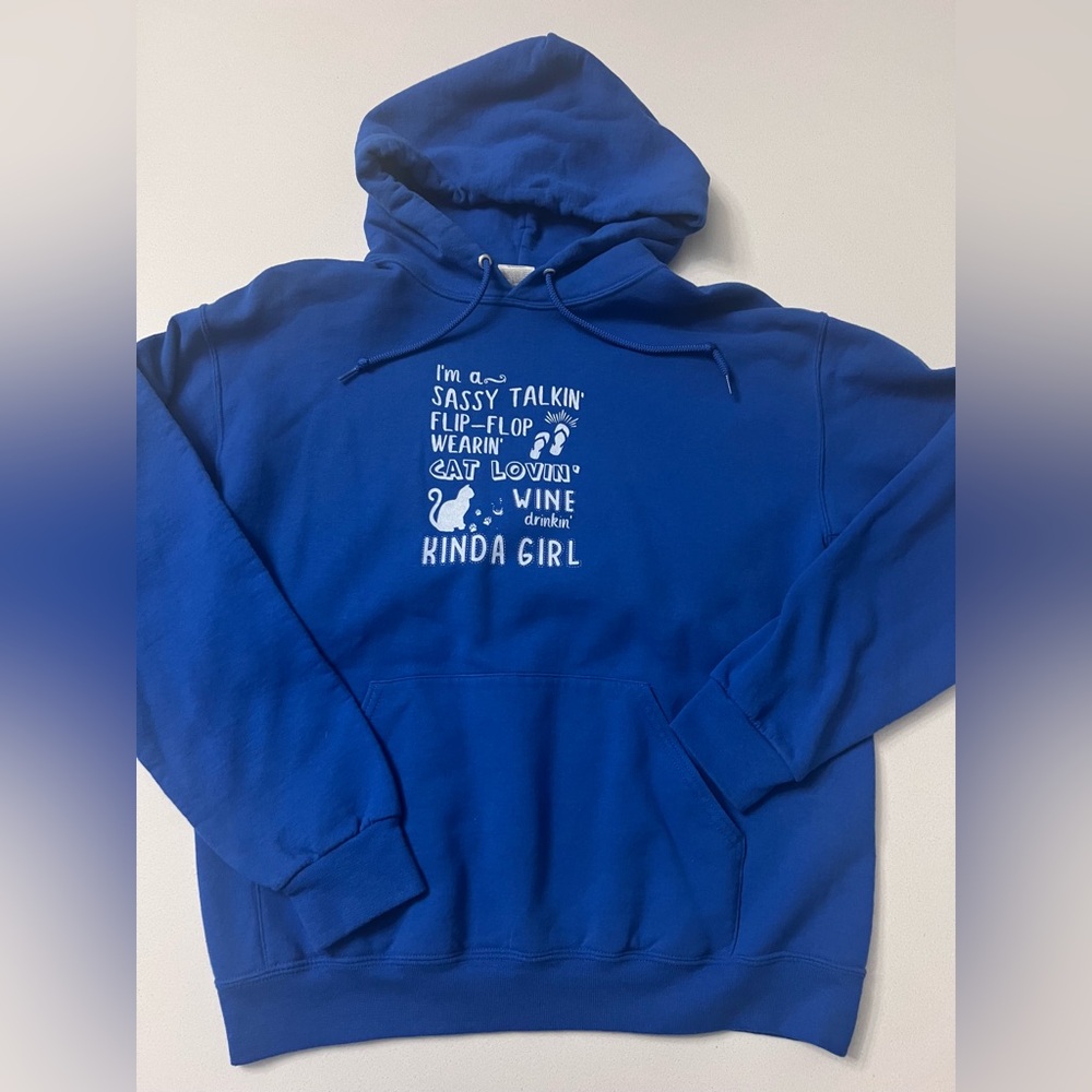 Jerzees Cat Lovin Wine Lovin Blue Sweatshirt Hoodie Women’s Medium